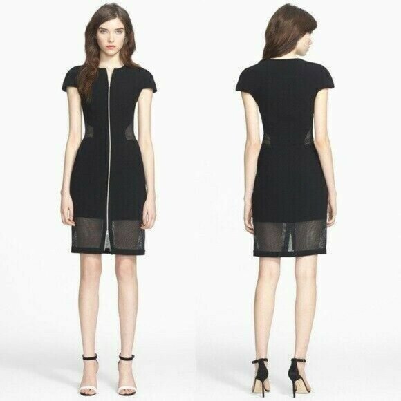 L'Agence Mesh Cutout Zip-Front Dress Cap Sleeve Crew Neck Midi Black Women 8 - Picture 12 of 16